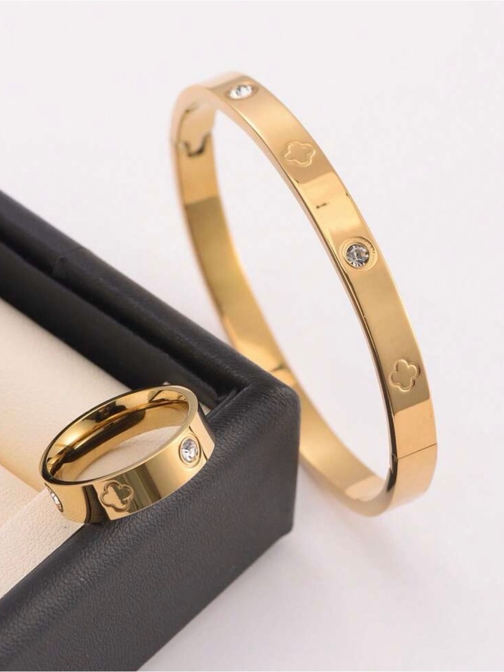 Gold Crystal Accent Bangle and Band Set - Picture 5 of 7